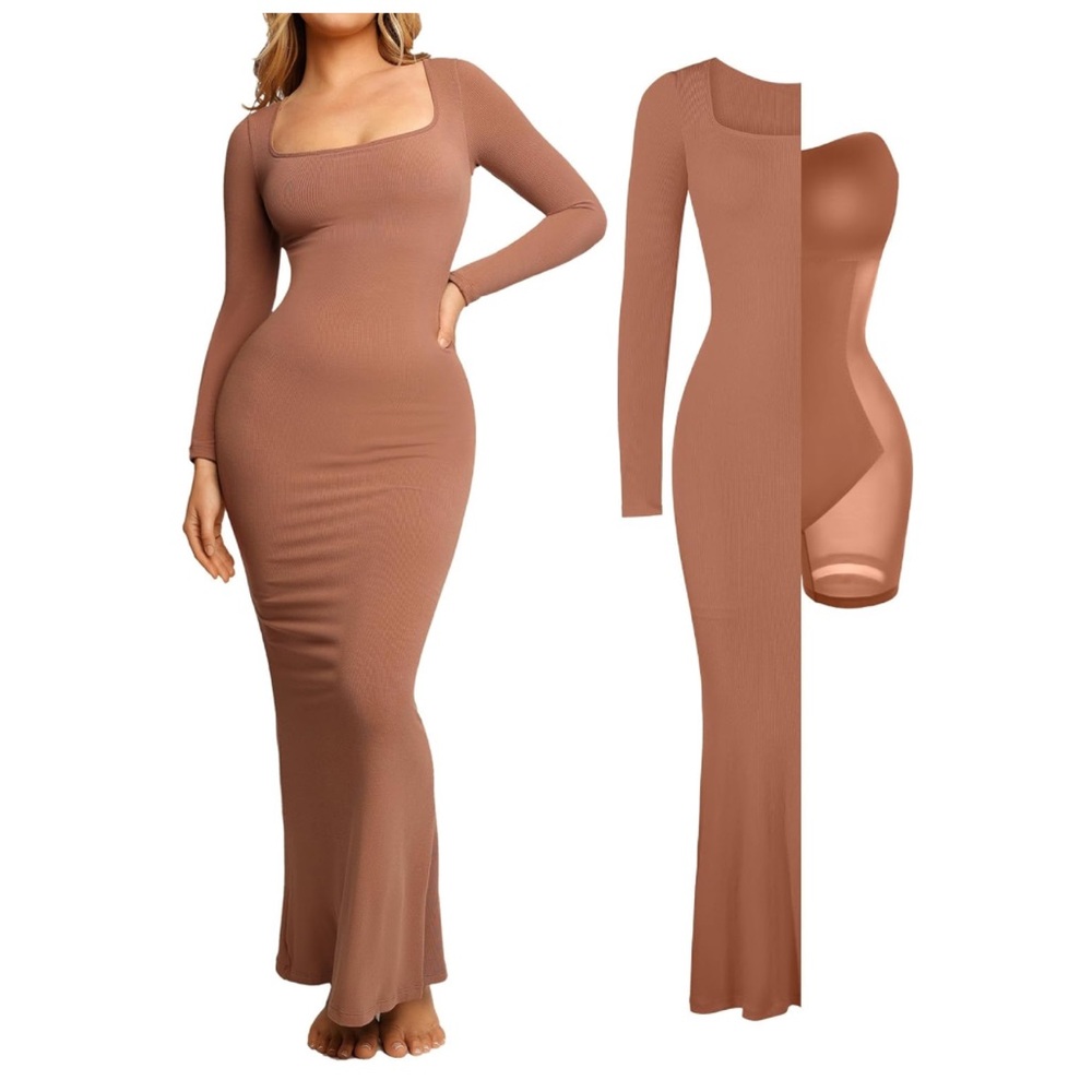 NWT Women's Long Sleeve Maxi Dress Built-in Shapewear Bra